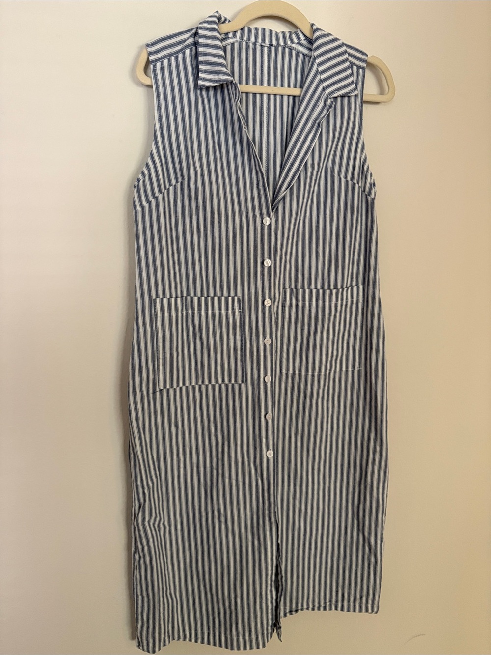 Sleeveless Blue Stripe Button-Front Dress